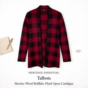 Talbots Merino Wool Red Black Buffalo Plaid Open Cardigan S
